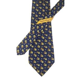 Salvatore Ferragamo Silk Tie - Big Cat / Tiger Animal Print Navy Blue Necktie